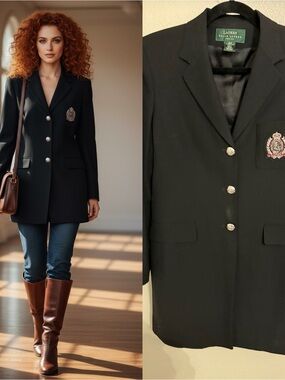Vintage Lauren Ralph Lauren 100% Wool Crest Patch Equestrian Blazer Jacket 8P